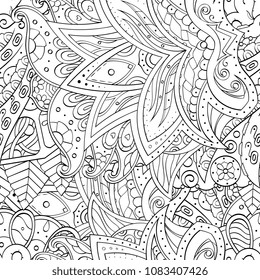 Tracery seamless pattern. Mehndi design. Ethnic monochrome binary doodle texture. Curved doodling black and white background. Vector
