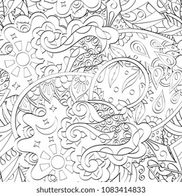 Tracery seamless pattern. Mehndi design. Ethnic monochrome binary doodle texture. Curved doodling black and white background. Vector