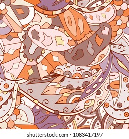 Tracery seamless pattern. Mehndi design. Ethnic colorful doodle texture. Curved doodling background. Vector