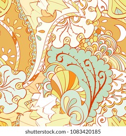Tracery seamless pattern. Mehndi design. Ethnic colorful doodle texture. Curved doodling background. Vector