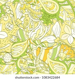 Tracery seamless pattern. Mehndi design. Ethnic colorful doodle texture. Curved doodling background. Vector