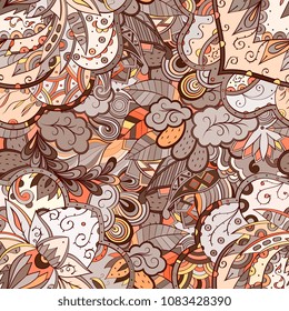 Tracery seamless pattern. Mehndi design. Ethnic colorful doodle texture. Curved doodling background. Vector