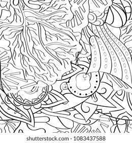 Tracery seamless pattern. Mehndi design. Ethnic monochrome binary doodle texture. Curved doodling black and white background. Vector