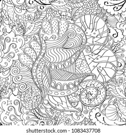 Tracery seamless pattern. Mehndi design. Ethnic monochrome binary doodle texture. Curved doodling black and white background. Vector