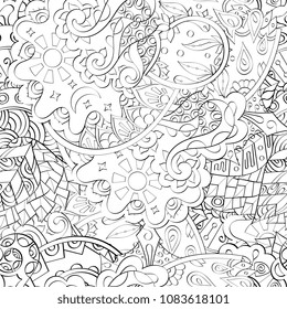 Tracery seamless pattern. Mehndi design. Ethnic monochrome binary doodle texture. Curved doodling black and white background. Vector