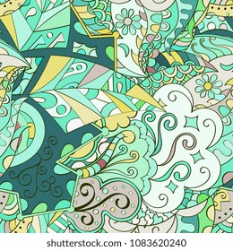 Tracery seamless pattern. Mehndi design. Ethnic colorful doodle texture. Curved doodling background. Vector