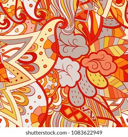 Tracery seamless pattern. Mehndi design. Ethnic colorful doodle texture. Curved doodling background. Vector