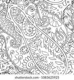 Tracery seamless pattern. Mehndi design. Ethnic monochrome binary doodle texture. Curved doodling black and white background. Vector