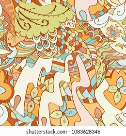 Tracery seamless pattern. Mehndi design. Ethnic colorful doodle texture. Curved doodling background. Vector