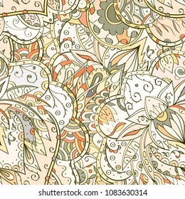 Tracery seamless pattern. Mehndi design. Ethnic colorful doodle texture. Curved doodling background. Vector