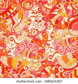 Tracery seamless pattern. Mehndi design. Ethnic colorful doodle texture. Curved doodling background. Vector