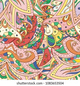 Tracery seamless pattern. Mehndi design. Ethnic colorful doodle texture. Curved doodling background. Vector