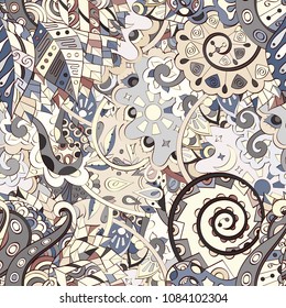 Tracery seamless pattern. Mehndi design. Ethnic colorful doodle texture. Curved doodling background. Vector