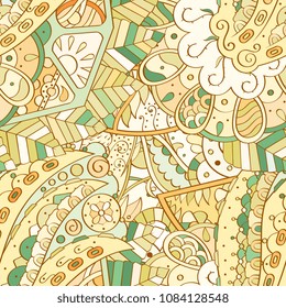 Tracery seamless pattern. Mehndi design. Ethnic colorful doodle texture. Curved doodling background. Vector