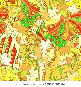 Tracery seamless pattern. Mehndi design. Ethnic colorful doodle texture. Curved doodling background. Vector