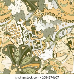 Tracery seamless pattern. Mehndi design. Ethnic colorful doodle texture. Curved doodling background. Vector