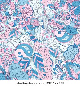 Tracery seamless pattern. Mehndi design. Ethnic colorful doodle texture. Curved doodling background. Vector