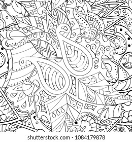 Tracery seamless pattern. Mehndi design. Ethnic monochrome binary doodle texture. Curved doodling black and white background. Vector