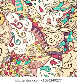 Tracery seamless pattern. Mehndi design. Ethnic colorful doodle texture. Curved doodling background. Vector