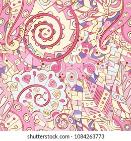 Tracery seamless pattern. Mehndi design. Ethnic colorful doodle texture. Curved doodling background. Vector