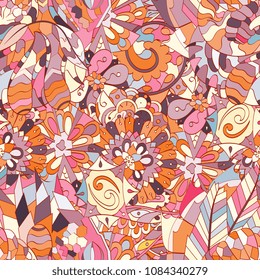 Tracery seamless pattern. Mehndi design. Ethnic colorful doodle texture. Curved doodling background. Vector