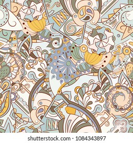 Tracery seamless pattern. Mehndi design. Ethnic colorful doodle texture. Curved doodling background. Vector