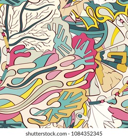 Tracery seamless pattern. Mehndi design. Ethnic colorful doodle texture. Curved doodling background. Vector