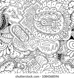 Tracery seamless pattern. Mehndi design. Ethnic monochrome binary doodle texture. Curved doodling black and white background. Vector