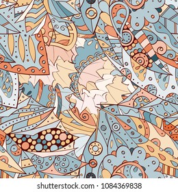 Tracery seamless pattern. Mehndi design. Ethnic colorful doodle texture. Curved doodling background. Vector