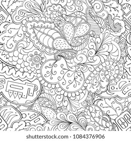 Tracery seamless pattern. Mehndi design. Ethnic monochrome binary doodle texture. Curved doodling black and white background. Vector