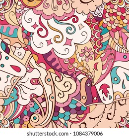 Tracery seamless pattern. Mehndi design. Ethnic colorful doodle texture. Curved doodling background. Vector