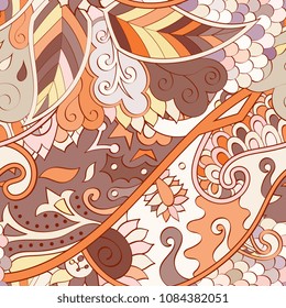Tracery seamless pattern. Mehndi design. Ethnic colorful doodle texture. Curved doodling background. Vector