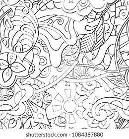 Tracery seamless pattern. Mehndi design. Ethnic monochrome binary doodle texture. Curved doodling black and white background. Vector