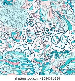 Tracery seamless pattern. Mehndi design. Ethnic colorful doodle texture. Curved doodling background. Vector