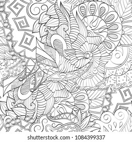 Tracery seamless pattern. Mehndi design. Ethnic monochrome binary doodle texture. Curved doodling black and white background. Vector