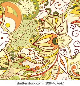 Tracery seamless pattern. Mehndi design. Ethnic colorful doodle texture. Curved doodling background. Vector