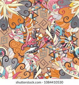 Tracery seamless pattern. Mehndi design. Ethnic colorful doodle texture. Curved doodling background. Vector