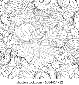 Tracery seamless pattern. Mehndi design. Ethnic monochrome binary doodle texture. Curved doodling black and white background. Vector