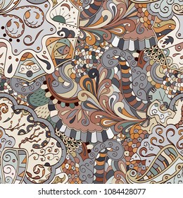Tracery seamless pattern. Mehndi design. Ethnic colorful doodle texture. Curved doodling background. Vector