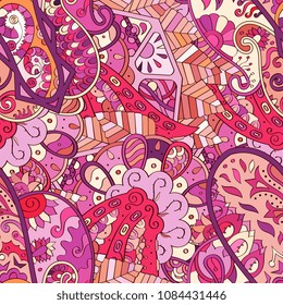 Tracery seamless pattern. Mehndi design. Ethnic colorful doodle texture. Curved doodling background. Vector