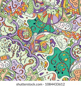 Tracery seamless pattern. Mehndi design. Ethnic colorful doodle texture. Curved doodling background. Vector