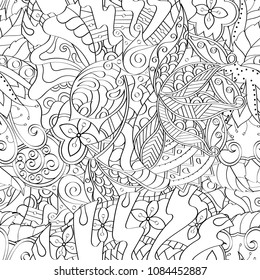 Tracery seamless pattern. Mehndi design. Ethnic monochrome binary doodle texture. Curved doodling black and white background. Vector