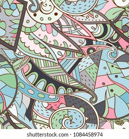 Tracery seamless pattern. Mehndi design. Ethnic colorful doodle texture. Curved doodling background. Vector