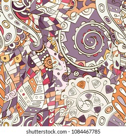 Tracery seamless pattern. Mehndi design. Ethnic colorful doodle texture. Curved doodling background. Vector