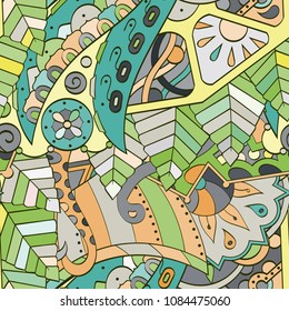 Tracery seamless pattern. Mehndi design. Ethnic colorful doodle texture. Curved doodling background. Vector