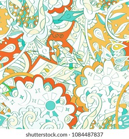 Tracery seamless pattern. Mehndi design. Ethnic colorful doodle texture. Curved doodling background. Vector