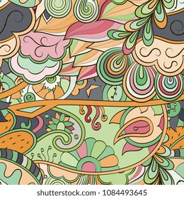 Tracery seamless pattern. Mehndi design. Ethnic colorful doodle texture. Curved doodling background. Vector