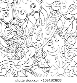 Tracery seamless pattern. Mehndi design. Ethnic monochrome binary doodle texture. Curved doodling black and white background. Vector