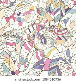 Tracery seamless pattern. Mehndi design. Ethnic colorful doodle texture. Curved doodling background. Vector