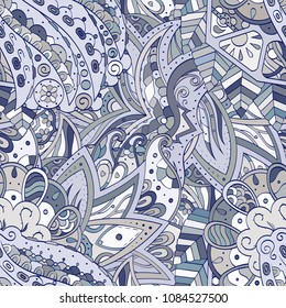 Tracery seamless pattern. Mehndi design. Ethnic colorful doodle texture. Curved doodling background. Vector